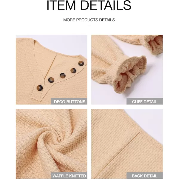 BTFBM Women Long Sleeve Shirts 2024 Fall Fashion V Neck Loose Casual Blouse Deco Button Lightweight Waffle Knit PulloverApricot