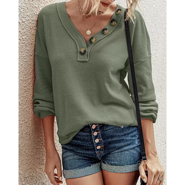 BTFBM Women Long Sleeve Shirts 2024 Fall Fashion V Neck Loose Casual Blouse Deco Button Lightweight Waffle Knit PulloverArmy Green