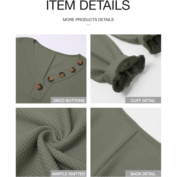 BTFBM Women Long Sleeve Shirts 2024 Fall Fashion V Neck Loose Casual Blouse Deco Button Lightweight Waffle Knit PulloverArmy Green