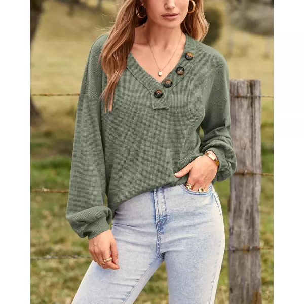 BTFBM Women Long Sleeve Shirts 2024 Fall Fashion V Neck Loose Casual Blouse Deco Button Lightweight Waffle Knit PulloverArmy Green