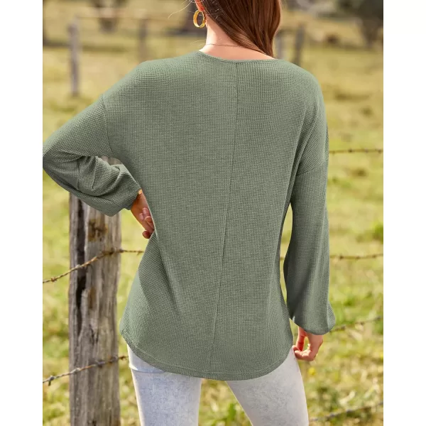 BTFBM Women Long Sleeve Shirts 2024 Fall Fashion V Neck Loose Casual Blouse Deco Button Lightweight Waffle Knit PulloverArmy Green