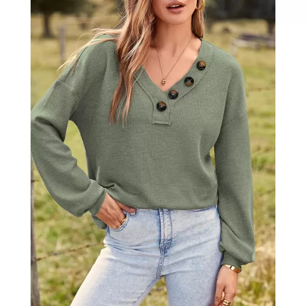 BTFBM Women Long Sleeve Shirts 2024 Fall Fashion V Neck Loose Casual Blouse Deco Button Lightweight Waffle Knit PulloverArmy Green