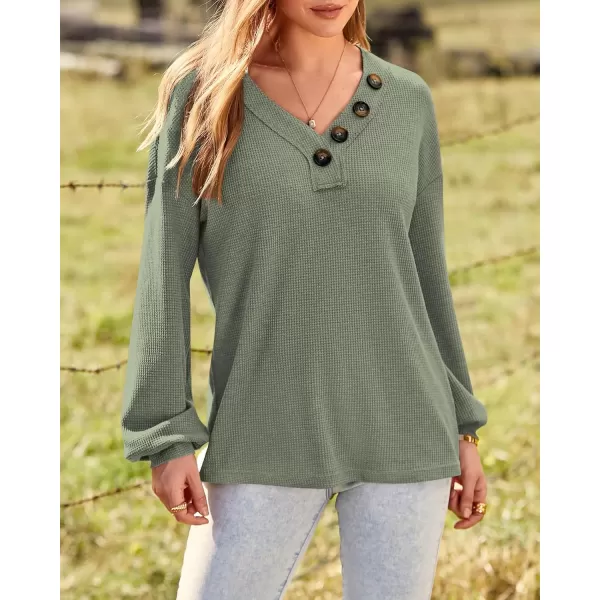 BTFBM Women Long Sleeve Shirts 2024 Fall Fashion V Neck Loose Casual Blouse Deco Button Lightweight Waffle Knit PulloverArmy Green