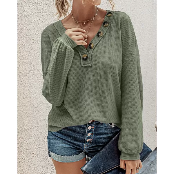 BTFBM Women Long Sleeve Shirts 2024 Fall Fashion V Neck Loose Casual Blouse Deco Button Lightweight Waffle Knit PulloverArmy Green