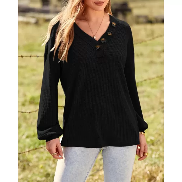 BTFBM Women Long Sleeve Shirts 2024 Fall Fashion V Neck Loose Casual Blouse Deco Button Lightweight Waffle Knit PulloverBlack
