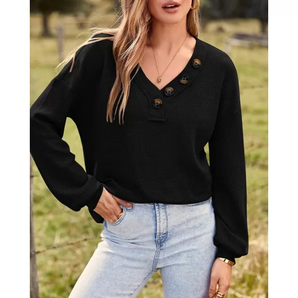 BTFBM Women Long Sleeve Shirts 2024 Fall Fashion V Neck Loose Casual Blouse Deco Button Lightweight Waffle Knit PulloverBlack