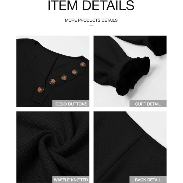 BTFBM Women Long Sleeve Shirts 2024 Fall Fashion V Neck Loose Casual Blouse Deco Button Lightweight Waffle Knit PulloverBlack