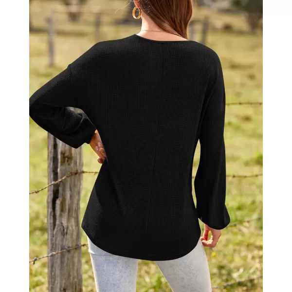 BTFBM Women Long Sleeve Shirts 2024 Fall Fashion V Neck Loose Casual Blouse Deco Button Lightweight Waffle Knit PulloverBlack