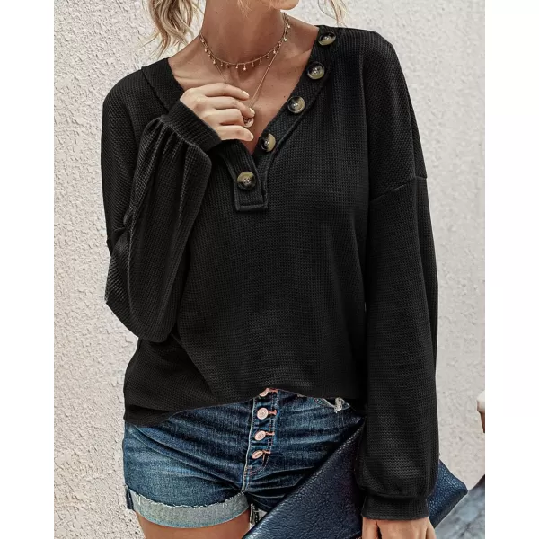 BTFBM Women Long Sleeve Shirts 2024 Fall Fashion V Neck Loose Casual Blouse Deco Button Lightweight Waffle Knit PulloverBlack