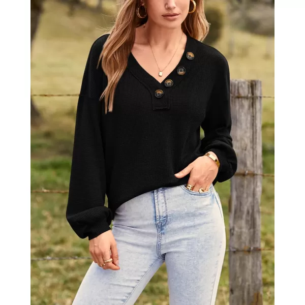 BTFBM Women Long Sleeve Shirts 2024 Fall Fashion V Neck Loose Casual Blouse Deco Button Lightweight Waffle Knit PulloverBlack