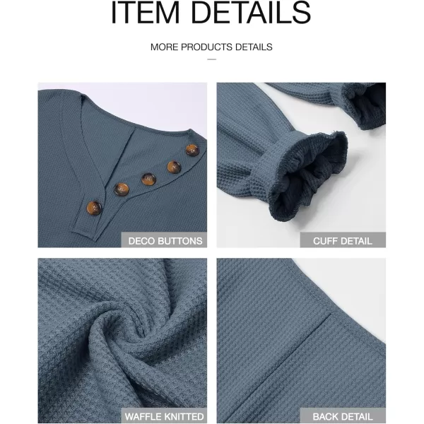 BTFBM Women Long Sleeve Shirts 2024 Fall Fashion V Neck Loose Casual Blouse Deco Button Lightweight Waffle Knit PulloverBlue
