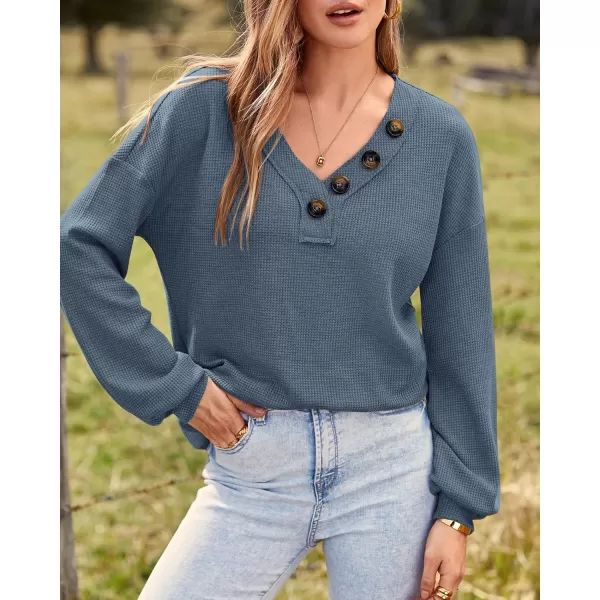 BTFBM Women Long Sleeve Shirts 2024 Fall Fashion V Neck Loose Casual Blouse Deco Button Lightweight Waffle Knit PulloverBlue