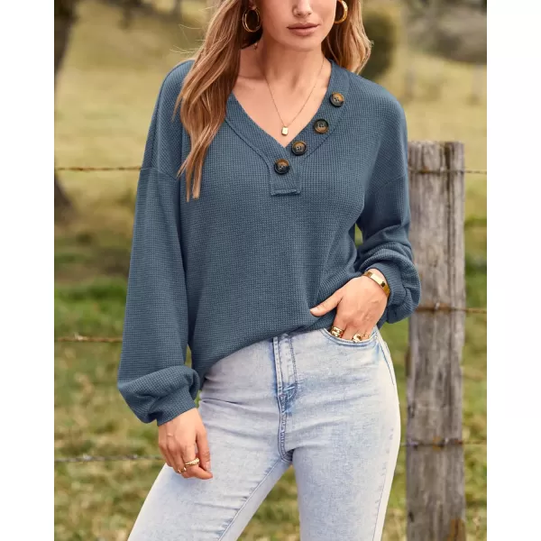BTFBM Women Long Sleeve Shirts 2024 Fall Fashion V Neck Loose Casual Blouse Deco Button Lightweight Waffle Knit PulloverBlue