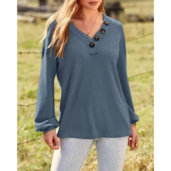 BTFBM Women Long Sleeve Shirts 2024 Fall Fashion V Neck Loose Casual Blouse Deco Button Lightweight Waffle Knit PulloverBlue