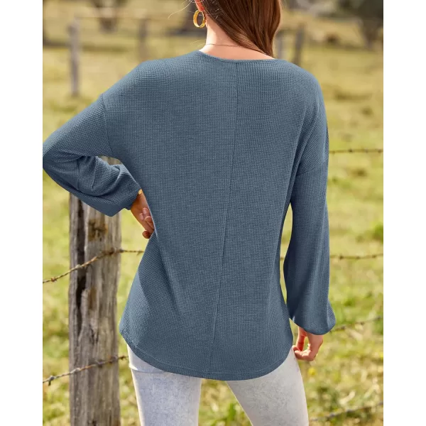 BTFBM Women Long Sleeve Shirts 2024 Fall Fashion V Neck Loose Casual Blouse Deco Button Lightweight Waffle Knit PulloverBlue
