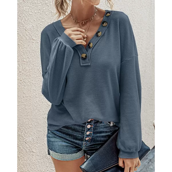 BTFBM Women Long Sleeve Shirts 2024 Fall Fashion V Neck Loose Casual Blouse Deco Button Lightweight Waffle Knit PulloverBlue