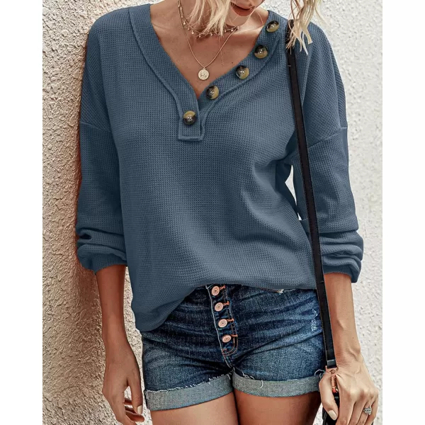 BTFBM Women Long Sleeve Shirts 2024 Fall Fashion V Neck Loose Casual Blouse Deco Button Lightweight Waffle Knit PulloverBlue