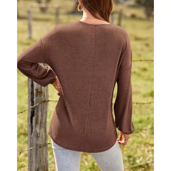 BTFBM Women Long Sleeve Shirts 2024 Fall Fashion V Neck Loose Casual Blouse Deco Button Lightweight Waffle Knit PulloverBrown