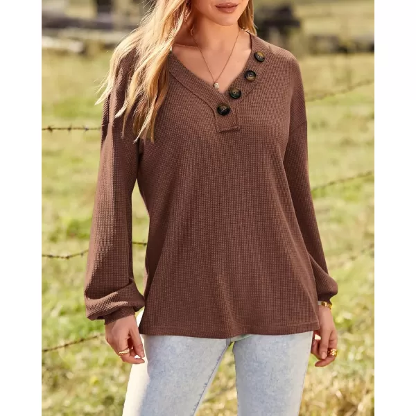 BTFBM Women Long Sleeve Shirts 2024 Fall Fashion V Neck Loose Casual Blouse Deco Button Lightweight Waffle Knit PulloverBrown