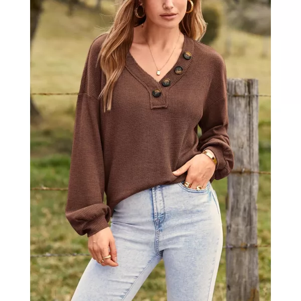 BTFBM Women Long Sleeve Shirts 2024 Fall Fashion V Neck Loose Casual Blouse Deco Button Lightweight Waffle Knit PulloverBrown