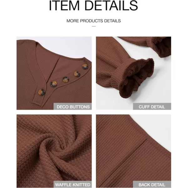 BTFBM Women Long Sleeve Shirts 2024 Fall Fashion V Neck Loose Casual Blouse Deco Button Lightweight Waffle Knit PulloverBrown