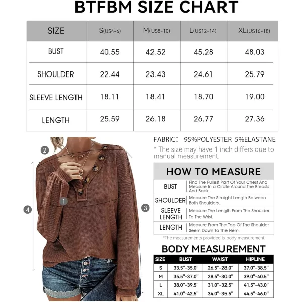 BTFBM Women Long Sleeve Shirts 2024 Fall Fashion V Neck Loose Casual Blouse Deco Button Lightweight Waffle Knit PulloverBrown
