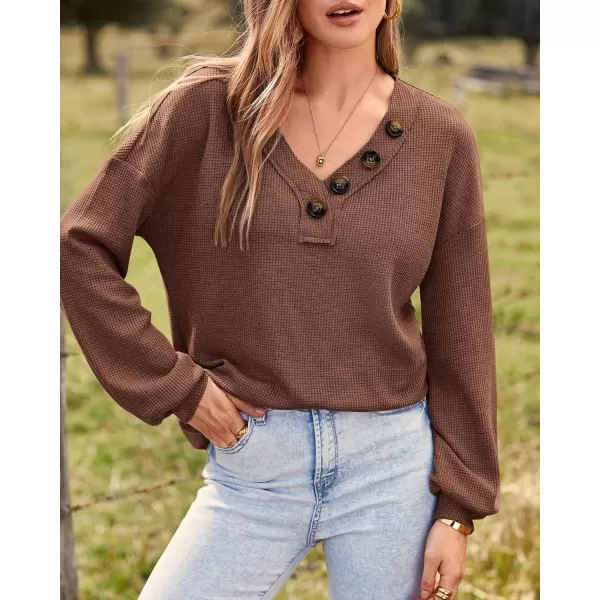 BTFBM Women Long Sleeve Shirts 2024 Fall Fashion V Neck Loose Casual Blouse Deco Button Lightweight Waffle Knit PulloverBrown