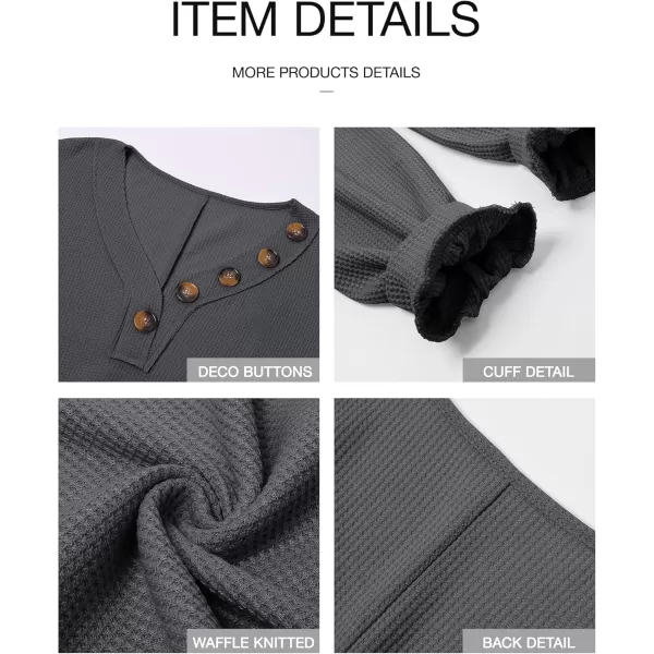 BTFBM Women Long Sleeve Shirts 2024 Fall Fashion V Neck Loose Casual Blouse Deco Button Lightweight Waffle Knit PulloverDark Grey