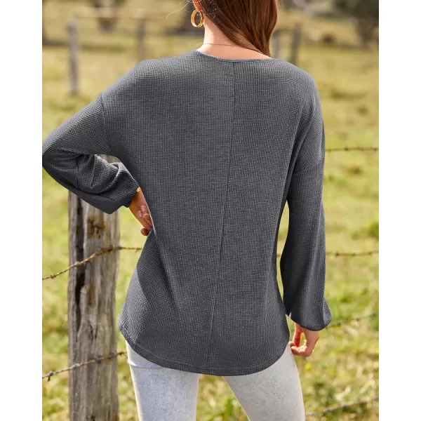BTFBM Women Long Sleeve Shirts 2024 Fall Fashion V Neck Loose Casual Blouse Deco Button Lightweight Waffle Knit PulloverDark Grey