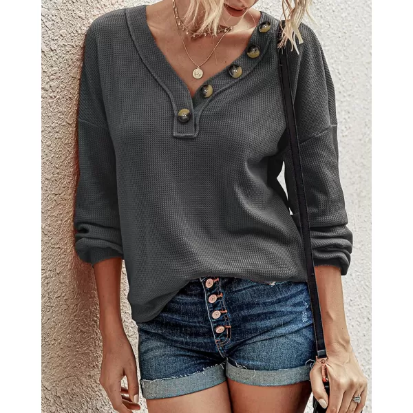 BTFBM Women Long Sleeve Shirts 2024 Fall Fashion V Neck Loose Casual Blouse Deco Button Lightweight Waffle Knit PulloverDark Grey