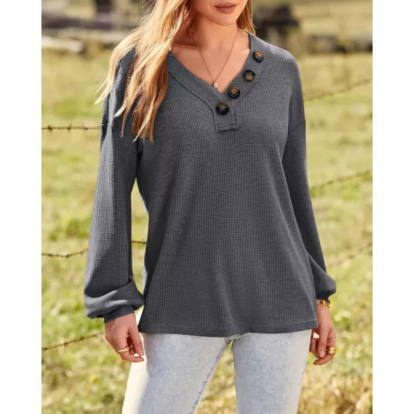 BTFBM Women Long Sleeve Shirts 2024 Fall Fashion V Neck Loose Casual Blouse Deco Button Lightweight Waffle Knit PulloverDark Grey