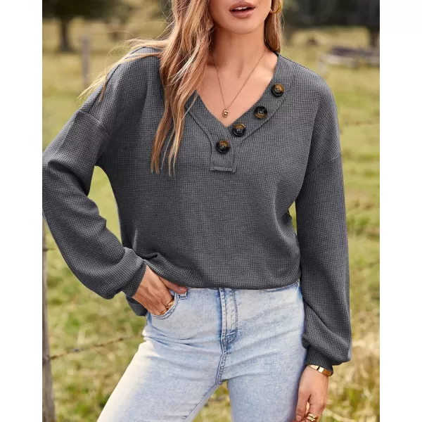 BTFBM Women Long Sleeve Shirts 2024 Fall Fashion V Neck Loose Casual Blouse Deco Button Lightweight Waffle Knit PulloverDark Grey