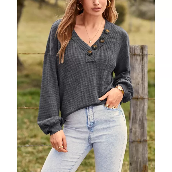 BTFBM Women Long Sleeve Shirts 2024 Fall Fashion V Neck Loose Casual Blouse Deco Button Lightweight Waffle Knit PulloverDark Grey