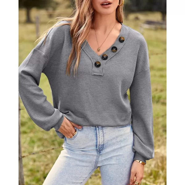 BTFBM Women Long Sleeve Shirts 2024 Fall Fashion V Neck Loose Casual Blouse Deco Button Lightweight Waffle Knit PulloverLight Grey