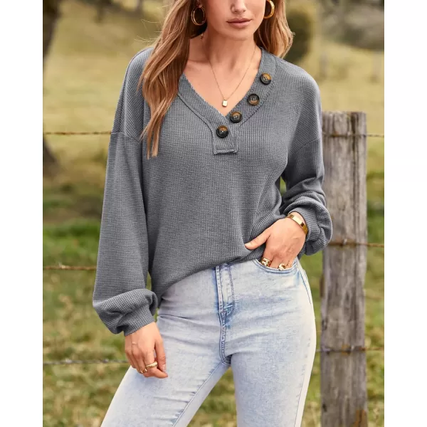 BTFBM Women Long Sleeve Shirts 2024 Fall Fashion V Neck Loose Casual Blouse Deco Button Lightweight Waffle Knit PulloverLight Grey