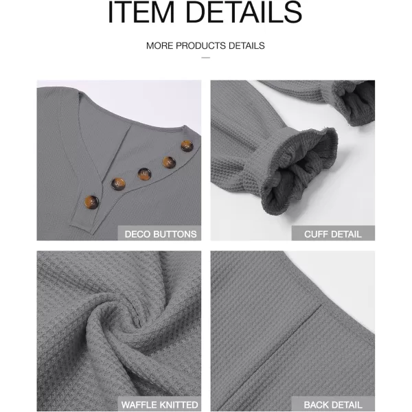 BTFBM Women Long Sleeve Shirts 2024 Fall Fashion V Neck Loose Casual Blouse Deco Button Lightweight Waffle Knit PulloverLight Grey