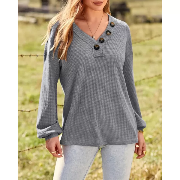 BTFBM Women Long Sleeve Shirts 2024 Fall Fashion V Neck Loose Casual Blouse Deco Button Lightweight Waffle Knit PulloverLight Grey