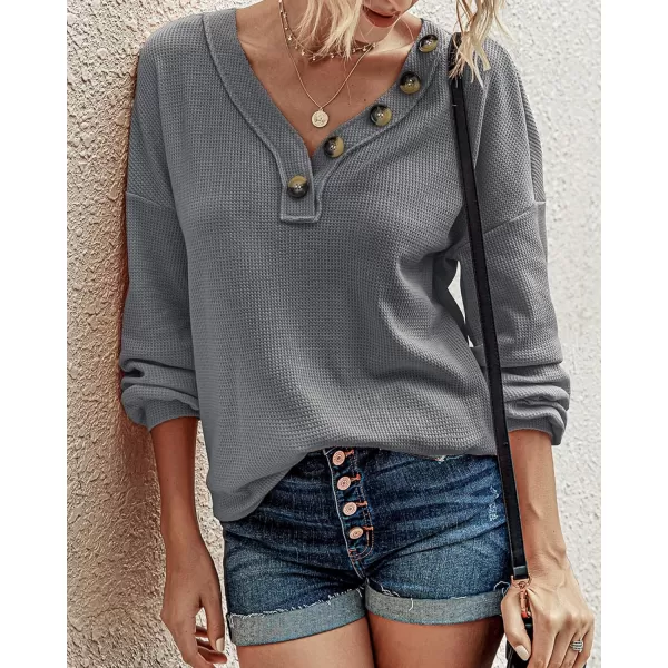 BTFBM Women Long Sleeve Shirts 2024 Fall Fashion V Neck Loose Casual Blouse Deco Button Lightweight Waffle Knit PulloverLight Grey