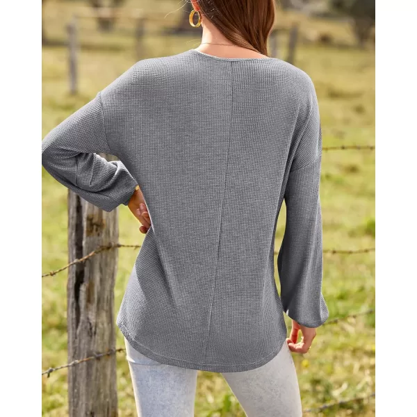 BTFBM Women Long Sleeve Shirts 2024 Fall Fashion V Neck Loose Casual Blouse Deco Button Lightweight Waffle Knit PulloverLight Grey