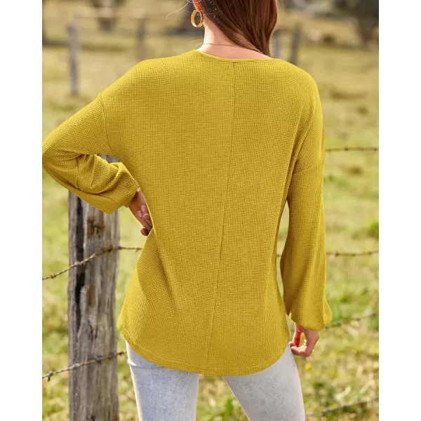 BTFBM Women Long Sleeve Shirts 2024 Fall Fashion V Neck Loose Casual Blouse Deco Button Lightweight Waffle Knit PulloverMustard Yellow