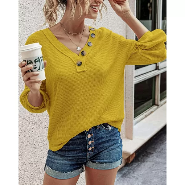 BTFBM Women Long Sleeve Shirts 2024 Fall Fashion V Neck Loose Casual Blouse Deco Button Lightweight Waffle Knit PulloverMustard Yellow