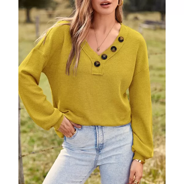 BTFBM Women Long Sleeve Shirts 2024 Fall Fashion V Neck Loose Casual Blouse Deco Button Lightweight Waffle Knit PulloverMustard Yellow