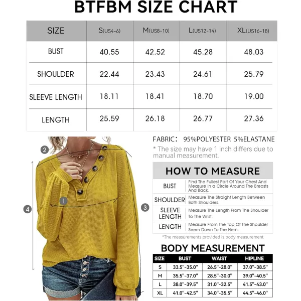 BTFBM Women Long Sleeve Shirts 2024 Fall Fashion V Neck Loose Casual Blouse Deco Button Lightweight Waffle Knit PulloverMustard Yellow