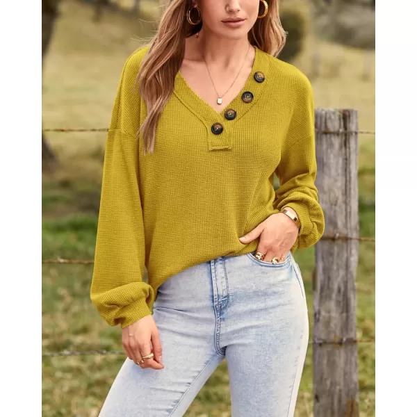 BTFBM Women Long Sleeve Shirts 2024 Fall Fashion V Neck Loose Casual Blouse Deco Button Lightweight Waffle Knit PulloverMustard Yellow