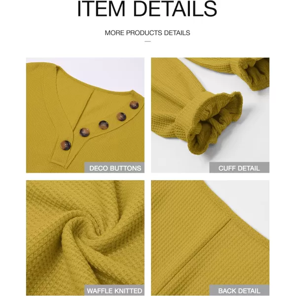 BTFBM Women Long Sleeve Shirts 2024 Fall Fashion V Neck Loose Casual Blouse Deco Button Lightweight Waffle Knit PulloverMustard Yellow