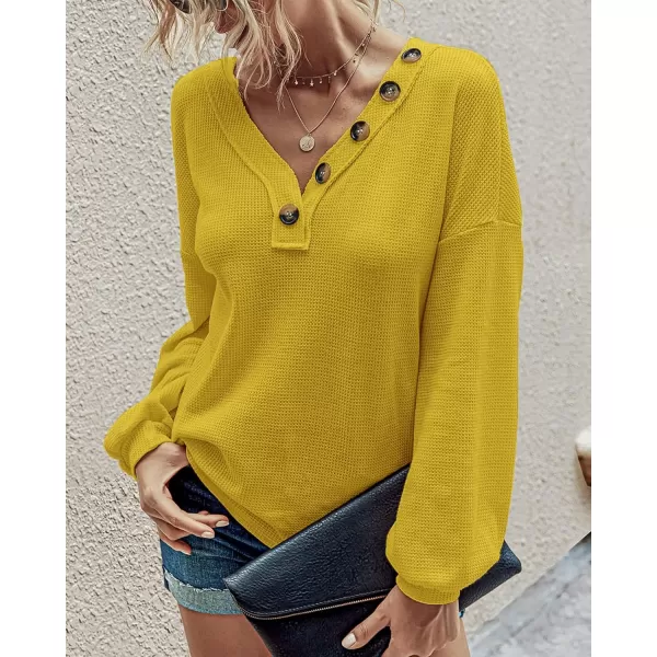 BTFBM Women Long Sleeve Shirts 2024 Fall Fashion V Neck Loose Casual Blouse Deco Button Lightweight Waffle Knit PulloverMustard Yellow
