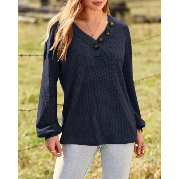 BTFBM Women Long Sleeve Shirts 2024 Fall Fashion V Neck Loose Casual Blouse Deco Button Lightweight Waffle Knit PulloverNavy