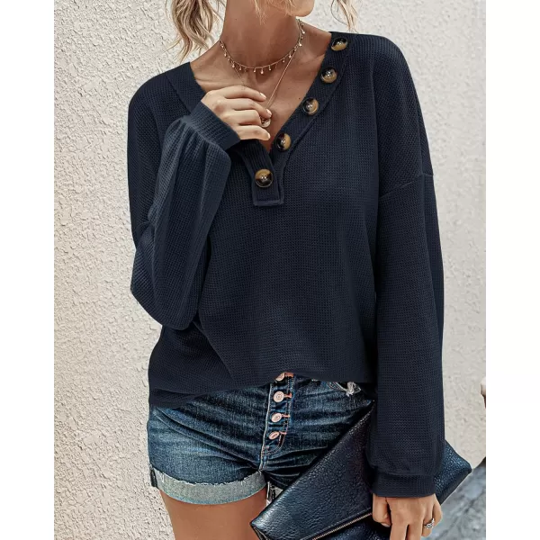 BTFBM Women Long Sleeve Shirts 2024 Fall Fashion V Neck Loose Casual Blouse Deco Button Lightweight Waffle Knit PulloverNavy