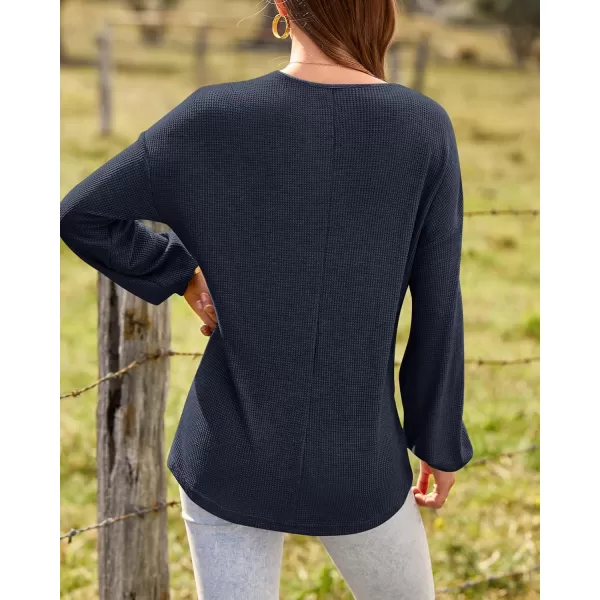 BTFBM Women Long Sleeve Shirts 2024 Fall Fashion V Neck Loose Casual Blouse Deco Button Lightweight Waffle Knit PulloverNavy