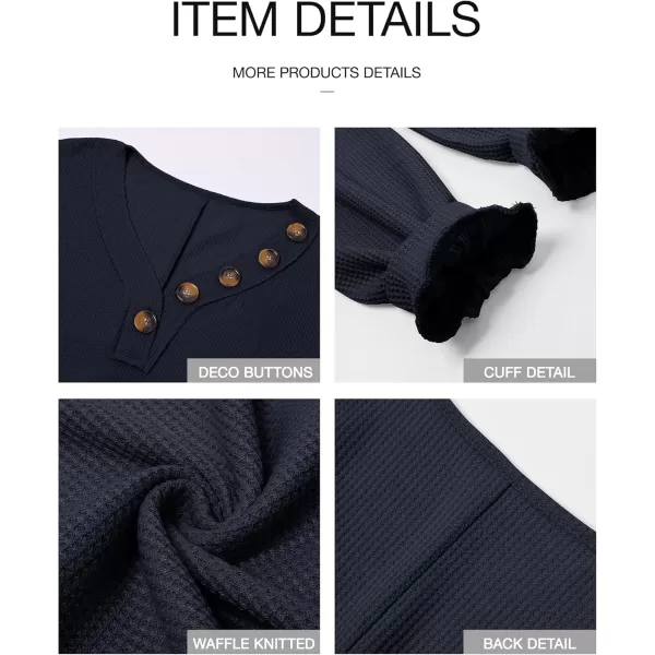 BTFBM Women Long Sleeve Shirts 2024 Fall Fashion V Neck Loose Casual Blouse Deco Button Lightweight Waffle Knit PulloverNavy